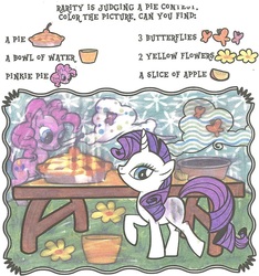 Size: 1060x1131 | Tagged: safe, pinkie pie, rarity, butterfly, g4, bowl, colour and find, contest, food, pie, table