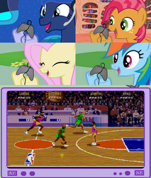 Size: 782x918 | Tagged: safe, babs seed, fluttershy, princess luna, rainbow dash, alicorn, earth pony, pegasus, pony, gamer luna, g4, basketball, boston celtics, controller, exploitable meme, eyes closed, female, gamer babs, gamer meme, gamerdash, gamershy, mare, nba, nba jam, open mouth, smiling, tv meme, underhoof