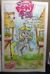 Size: 699x1024 | Tagged: safe, artist:katie cook, idw, derpy hooves, alicorn, pony, g4, my little pony: friendship is magic (idw), cute, derpabetes, derpicorn, fake alicorn, fake horn, female, hilarious in hindsight, silly, silly pony, solo