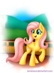 Size: 1050x1400 | Tagged: dead source, safe, artist:lamaneus, fluttershy, pegasus, pony, g4, female, mare, open mouth, raised hoof, smiling, solo