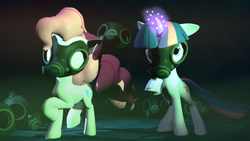 Size: 1920x1080 | Tagged: safe, pinkie pie, twilight sparkle, earth pony, pony, unicorn, g4, 3d, downloadable, duo, gas mask, gmod, source filmmaker resource, unicorn twilight