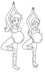 Size: 900x1424 | Tagged: safe, artist:marrazan, allie way, rainbow dash, human, g4, armpits, blushing, humanized, monochrome, pregnant, yoga