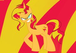 Size: 1280x896 | Tagged: safe, artist:mofetafrombrooklyn, sunset shimmer, pony, unicorn, g4, >:d, evil grin, female, grin, looking at you, smiling, solo