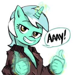 Size: 1028x1064 | Tagged: source needed, safe, artist:herny, lyra heartstrings, g4, clothes, female, fonzie, grin, hand, happy days, hologram, jacket, magic, magic hands, reaction image, simple background, solo, speech bubble, thumbs up, transparent background