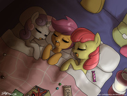 Size: 1000x750 | Tagged: safe, artist:johnjoseco, apple bloom, scootaloo, sweetie belle, earth pony, pegasus, pony, unicorn, g4, adorabloom, bed, blanket, candy, comic book, cute, cutealoo, cutie mark crusaders, deadpool, diasweetes, eyes closed, female, filly, foal, kallisti, lantern, open mouth, pillow, sleeping, sleeping bag, sleepover