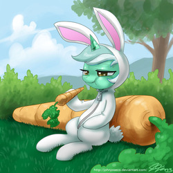 Size: 1000x1000 | Tagged: safe, artist:johnjoseco, lyra heartstrings, pony, unicorn, g4, bunny costume, carrot, clothes, costume, eating, female, herbivore, horses doing horse things, kallisti, mare, solo