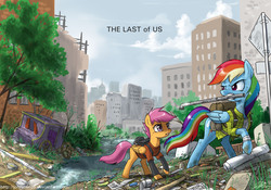 Size: 1500x1050 | Tagged: safe, artist:johnjoseco, rainbow dash, scootaloo, pegasus, pony, g4, backpack, building, bush, carriage, city, clothes, crossover, dirt, female, filly, foal, game, kallisti, lead pipe, mare, mouth hold, newspaper, paper, rubble, sign, the last of us, trash, tree, weapon