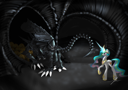 Size: 1920x1353 | Tagged: safe, artist:wreky, princess celestia, alicorn, pony, xenomorph, g4, alien (franchise), duo, egg, female, kallisti, mare, vs, xenomorph queen