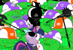Size: 650x450 | Tagged: artist needed, source needed, safe, twilight sparkle, pony, unicorn, g4, axe, battle axe, biscuits (homestuck), egg timer, eggs (homestuck), eyepatch, female, hammer, hearts boxcars, homestuck, mace, mare, midnight crew, morning star, oven, temporal clones, the felt, unicorn twilight, war hammer, weapon, you hate time travel
