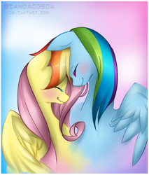 Size: 837x984 | Tagged: safe, artist:tezitikil, fluttershy, rainbow dash, g4, blushing, eyes closed, female, lesbian, ship:flutterdash, shipping