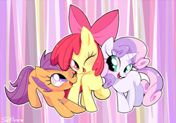 Size: 687x479 | Tagged: safe, artist:gekiamana, artist:sakikoxsakiko, apple bloom, scootaloo, sweetie belle, earth pony, pegasus, pony, unicorn, g4, abstract background, adorabloom, blank flank, bow, cute, cutealoo, cutie mark crusaders, diasweetes, eye clipping through hair, female, filly, hair bow, one eye closed, open mouth, raised hoof, wink