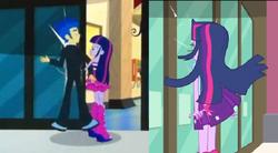 Size: 915x506 | Tagged: safe, edit, edited screencap, screencap, flash sentry, twilight sparkle, human, equestria girls, g4, my little pony equestria girls, boots, bump, clothes, comparison, fall formal outfits, female, high heel boots, male, ship:flashlight, shipping, shoes, sneakers, straight, tuxedo, twilight ball dress
