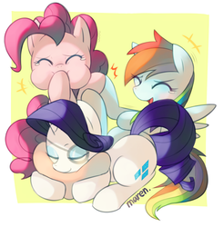 Size: 1728x1763 | Tagged: safe, artist:maren, pinkie pie, rainbow dash, rarity, g4, eyepatch, face doodle, hoofbump, laughing, prank, sleeping