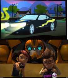 Size: 1366x1572 | Tagged: safe, edit, edited screencap, screencap, flash sentry, equestria girls, g4, my little pony equestria girls, bumblebee (transformers), car, chevrolet, chevrolet camaro, flash sentry's car, hub logo, miko, miko nakadai, raf, reaction image, supercar, transformers