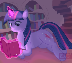 Size: 1500x1300 | Tagged: safe, artist:red note, twilight sparkle, g4, book, female, library, magic, night, purple smart, reading, solo