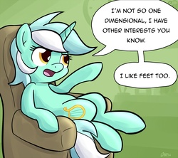 Size: 1400x1244 | Tagged: safe, artist:whatsapokemon, lyra heartstrings, pony, unicorn, g4, chair, dialogue, feet, female, hand, humie, sitting, solo, speech, speech bubble, that pony sure does love hands