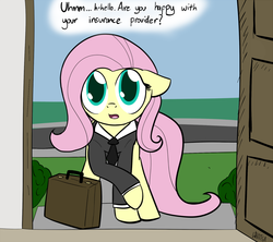 Size: 1400x1244 | Tagged: safe, artist:whatsapokemon, fluttershy, g4, clothes, dialogue, door, female, necktie, solo, speech bubble, suit, suitcase, working