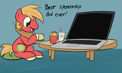 Size: 1400x840 | Tagged: safe, artist:whatsapokemon, big macintosh, earth pony, pony, g4, big mac (burger), computer, fast food, food, laptop computer, macception, macintosh (computer), male, mcdonald's, namesake, ponies eating meat, product placement, pun, solo, stallion, table