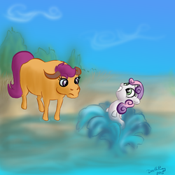 Size: 2000x2000 | Tagged: safe, artist:deathpwny, scootaloo, sweetie belle, bison, buffalo, sea pony, g4, buffaloo, duo, kallisti, seapony sweetie belle, species swap