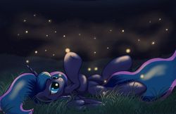 Size: 1700x1100 | Tagged: safe, artist:grennadder, princess luna, firefly (insect), g4, belly, big hooves, ethereal mane, ethereal tail, eyeshadow, female, grass, grass field, lidded eyes, long tail, makeup, night, on back, outdoors, partially open wings, solo, tail, wings