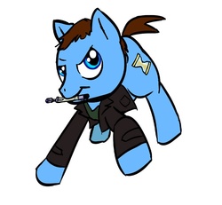Size: 700x647 | Tagged: safe, artist:desertsage, doctor whooves, time turner, g4, doctor who, jumper, male, mouth hold, ninth doctor, peacoat, solo, sonic screwdriver