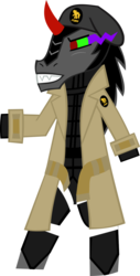 Size: 744x1470 | Tagged: safe, artist:jewelsfriend, king sombra, fox, pony, unicorn, g4, beret, bipedal, clothes, crossover, gene, konami, male, metal gear, simple background, sneaking suit, solo, sombra eyes, transparent background, trenchcoat