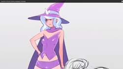 Size: 1366x768 | Tagged: safe, artist:doxy, trixie, human, g4, cape, clothes, female, game, gray background, hat, horn, horned humanization, humanized, preview, princess destiny, simple background, solo, trixie's cape, trixie's hat, vest, youtube link