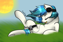 Size: 1200x800 | Tagged: safe, artist:rainbowdrool, dj pon-3, vinyl scratch, g4, female, headphones, ipod, music, on back, solo