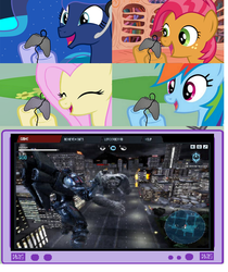 Size: 796x946 | Tagged: safe, babs seed, fluttershy, princess luna, rainbow dash, kaiju, pegasus, pony, gamer luna, g4, exploitable meme, female, gamer babs, gamer meme, gamerdash, gamershy, jaeger, leatherback, mare, meme, pacific rim, tv meme