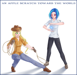 Size: 4440x4360 | Tagged: safe, artist:missangest, applejack, dj pon-3, vinyl scratch, human, g4, absurd resolution, duo, humanized