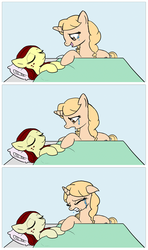 Size: 500x846 | Tagged: safe, artist:jovey4, taralicious, oc, oc only, earth pony, pony, unicorn, based on a true story, bed, bittersweet, crying, death, dying, feels, female, filly, in bed, kiki, kiki havivy, mare, ponysona, sad, singing, tara strong, touching hooves