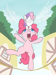 Size: 2400x3200 | Tagged: safe, artist:aymint, pinkie pie, sweetie belle, pony, g4, balancing, dizzy, pixiv, ponies riding ponies, pony hat, riding, rope, sweat, sweatdrop, sweetie belle riding pinkie pie, sweetiehat, swirly eyes, tightrope, wavy mouth
