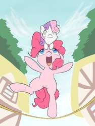 Size: 2400x3200 | Tagged: safe, artist:aymint, pinkie pie, sweetie belle, pony, g4, balancing, dizzy, pixiv, ponies riding ponies, pony hat, riding, rope, sweat, sweatdrop, sweetiehat, swirly eyes, tightrope, wavy mouth