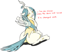 Size: 1510x1262 | Tagged: safe, artist:zev, queen chrysalis, g4, bugbutt, butt, cheeselegs, embarrassed, female, frown, gritted teeth, looking at you, looking back, molting, plot, queen swissalis, shedding, sitting, solo