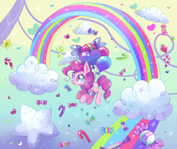 Size: 1200x1008 | Tagged: safe, artist:ipun, pinkie pie, earth pony, pony, g4, balloon, candy, candy cane, cloud, cloudy, cute, diapinkes, female, floating, flying, food, gradient background, heart, heart balloon, heart eyes, rainbow, smiling, solo, then watch her balloons lift her up to the sky, wingding eyes