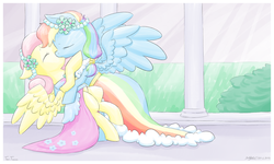 Size: 1024x615 | Tagged: safe, artist:taritoons, fluttershy, rainbow dash, g4, clothes, dress, female, gala dress, kallisti, kissing, lesbian, ship:flutterdash, shipping