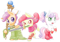 Size: 1024x716 | Tagged: safe, artist:taritoons, apple bloom, scootaloo, sweetie belle, earth pony, pony, g4, bandana, bipedal, clothes, crossover, cutie mark crusaders, earring, glare, grin, kallisti, mouth hold, raised hoof, rearing, robes, scarf, secret of mana, smiling, staff, sword, weapon