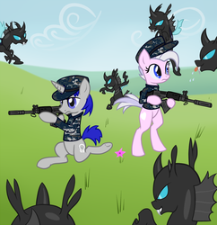 Size: 900x930 | Tagged: safe, artist:arrkhal, oc, oc only, oc:heartcall, oc:sonar ping, changeling, earth pony, pony, unicorn, :p, bipedal, drool, flower, fn fal, gun, raspberry, rifle, tongue out, weapon