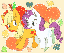 Size: 520x432 | Tagged: safe, artist:paintrolleire, applejack, rarity, g4, female, heart, lesbian, missing accessory, ship:rarijack, shipping