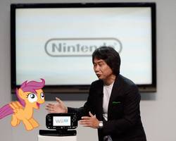 Size: 720x576 | Tagged: safe, scootaloo, g4, e3, nintendo, ponies in real life, shigeru miyamoto, wii u, wii u gamepad