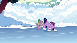 Size: 1366x768 | Tagged: safe, screencap, spike, twilight sparkle, dragon, pony, unicorn, g4, winter wrap up, butt pushing, butt touch, female, hand on butt, male, mare, out of context, pushing, rump push, skating, snow