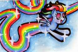 Size: 2615x1765 | Tagged: safe, artist:nabirar, rainbow dash, female, flying, rainbow, solo, traditional art