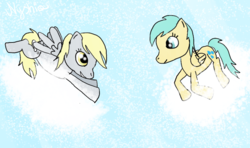 Size: 900x531 | Tagged: safe, artist:nyshiaa, derpy hooves, sunshower raindrops, pegasus, pony, g4, cloud, cloudy, female, mare