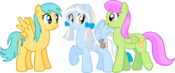 Size: 1375x580 | Tagged: safe, artist:ludiculouspegasus, merry may, sunshower raindrops, oc, oc:scribes, pegasus, pony, g4, bow, female, mare, simple background, transparent background, vector