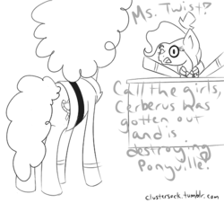 Size: 500x452 | Tagged: safe, artist:clustersock, mayor mare, twist, g4, 30 minute art challenge, monochrome, older, parody, the powerpuff girls