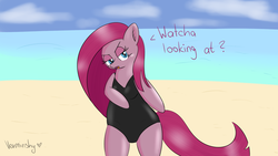 Size: 1920x1080 | Tagged: safe, artist:verminshy, pinkie pie, earth pony, pony, g4, beach, bipedal, chubby, dialogue, female, lidded eyes, mare, one-piece swimsuit, pinkamena diane pie, solo, swimsuit