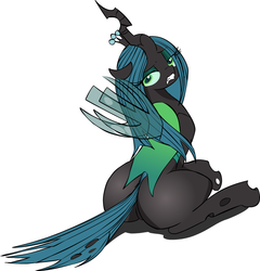 Size: 1209x1262 | Tagged: source needed, safe, artist:zev, queen chrysalis, changeling, g4, bugbutt, butt, crown, female, jewelry, looking at you, looking back, looking back at you, plot, rear view, regalia, simple background, sitting, solo, white background