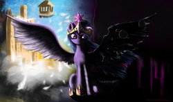 Size: 5702x3351 | Tagged: safe, artist:fearyzy, twilight sparkle, alicorn, changeling, changeling queen, pony, g4, big crown thingy, changelingified, corrupted, corrupted twilight sparkle, female, jewelry, mare, queen twilight, regalia, solo, split screen, twilight sparkle (alicorn), twiling, tyrant sparkle