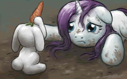 Size: 1000x625 | Tagged: safe, artist:zmok, angel bunny, rarity, g4, carrot, dirty, wet mane