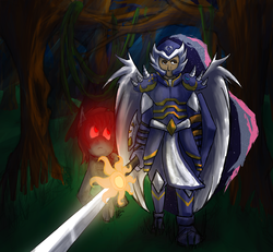 Size: 4000x3700 | Tagged: safe, artist:xd-385, oc, oc only, oc:mitta, human, zombie, fanfic:the lost element, story of the blanks, armor, element of humanity, everfree forest, glowing, seventh element, shield, sword